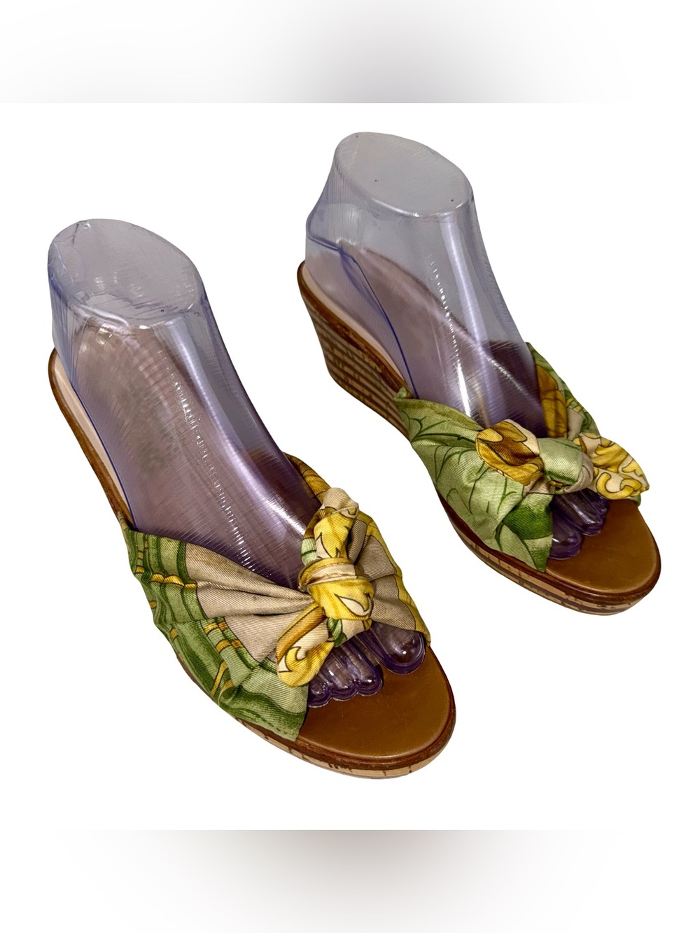 FERRAGAMO SILK SCARF WEDGE SANDALS
